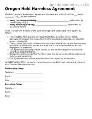 Free  Hold Harmless Agreement Template for Oregon