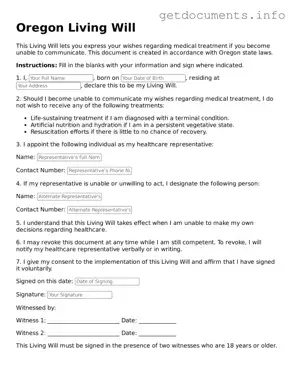 Free  Living Will Template for Oregon