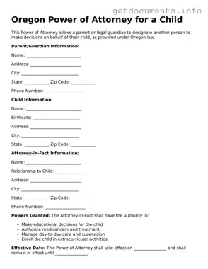 Free  Power of Attorney for a Child Template for Oregon