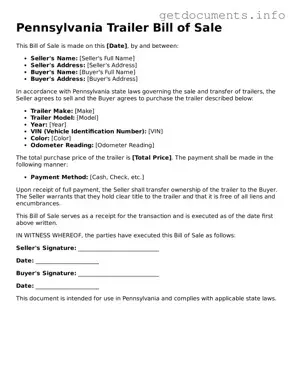 Free  Trailer Bill of Sale Template for Pennsylvania