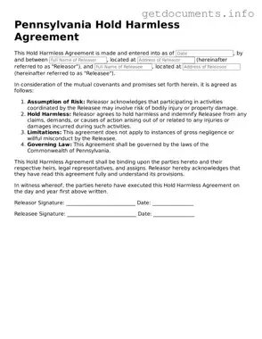 Free  Hold Harmless Agreement Template for Pennsylvania