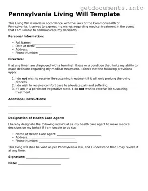 Free  Living Will Template for Pennsylvania