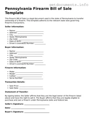 Free  Firearm Bill of Sale Template for Pennsylvania