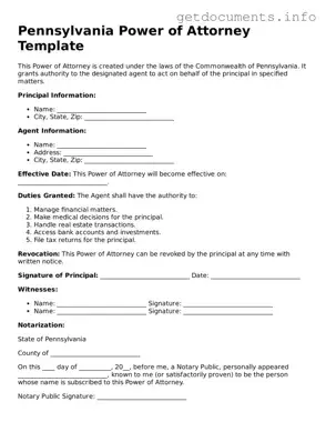Free  Power of Attorney Template for Pennsylvania