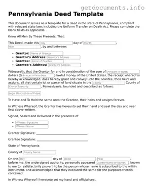 Free  Deed Template for Pennsylvania
