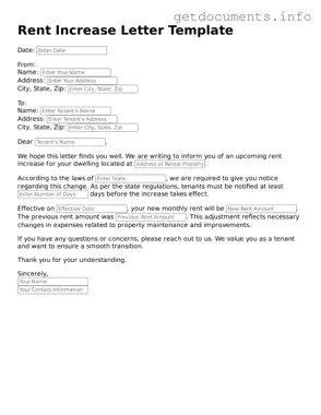 Printable Rent Increase Letter Document