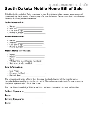 Free  Mobile Home Bill of Sale Template for South Dakota