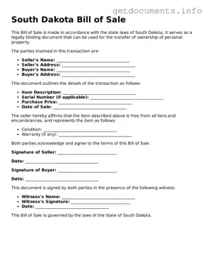 Free  Bill of Sale Template for South Dakota