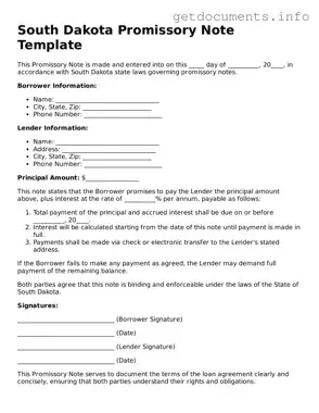 Free  Promissory Note Template for South Dakota