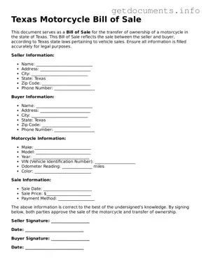 Free  Motorcycle Bill of Sale Template for Texas