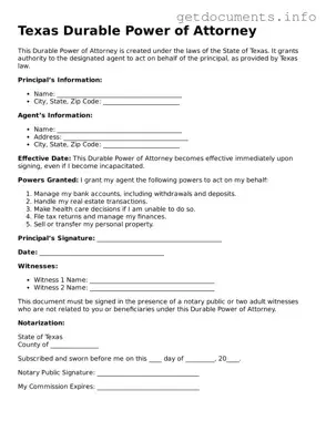 Free  Durable Power of Attorney Template for Texas