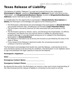 Free  Release of Liability Template for Texas