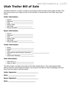Free  Trailer Bill of Sale Template for Utah