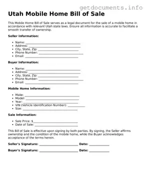 Free  Mobile Home Bill of Sale Template for Utah