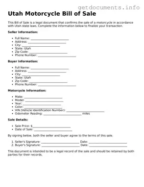 Free  Motorcycle Bill of Sale Template for Utah