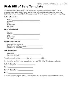 Free  Bill of Sale Template for Utah