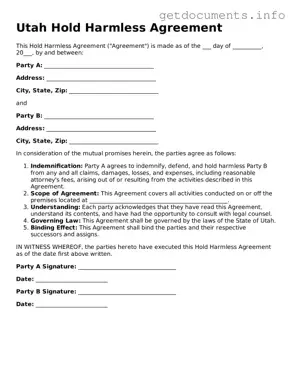 Free  Hold Harmless Agreement Template for Utah