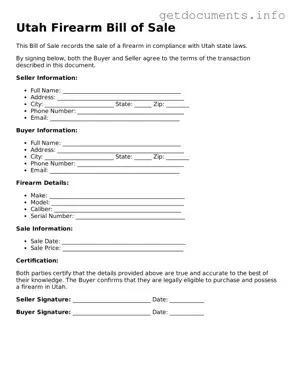 Free  Firearm Bill of Sale Template for Utah