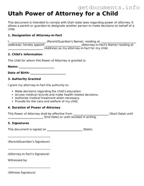 Free  Power of Attorney for a Child Template for Utah