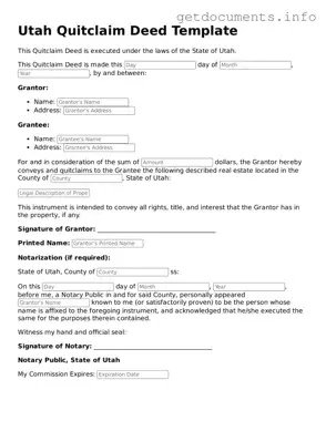 Free  Quitclaim Deed Template for Utah