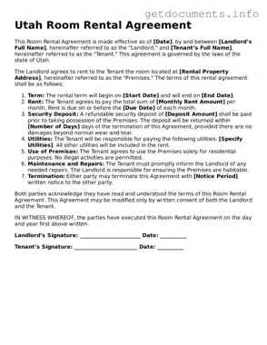 Free  Room Rental Agreement Template for Utah