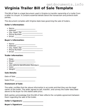 Free  Trailer Bill of Sale Template for Virginia