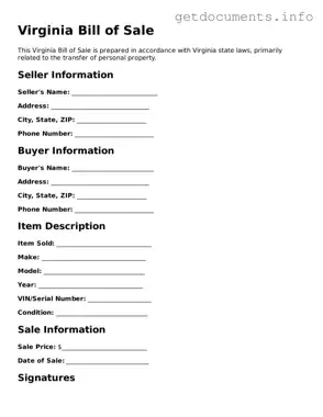 Free  Bill of Sale Template for Virginia