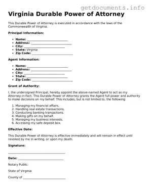 Free  Durable Power of Attorney Template for Virginia