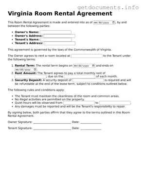 Free  Room Rental Agreement Template for Virginia