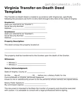 Free  Transfer-on-Death Deed Template for Virginia