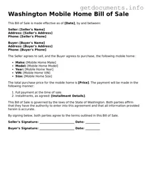 Free  Mobile Home Bill of Sale Template for Washington