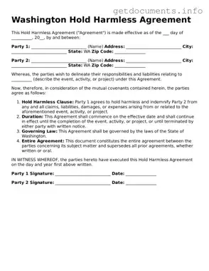 Free  Hold Harmless Agreement Template for Washington