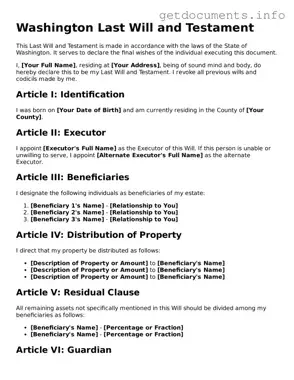 Free  Last Will and Testament Template for Washington