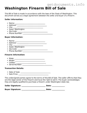Free  Firearm Bill of Sale Template for Washington