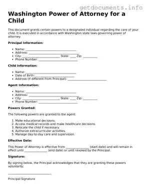 Free  Power of Attorney for a Child Template for Washington