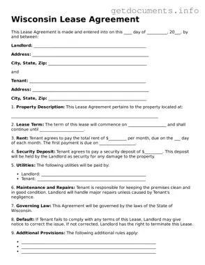 Free  Lease Agreement Template for Wisconsin
