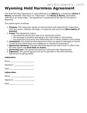 Free  Hold Harmless Agreement Template for Wyoming