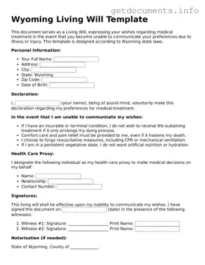 Free  Living Will Template for Wyoming