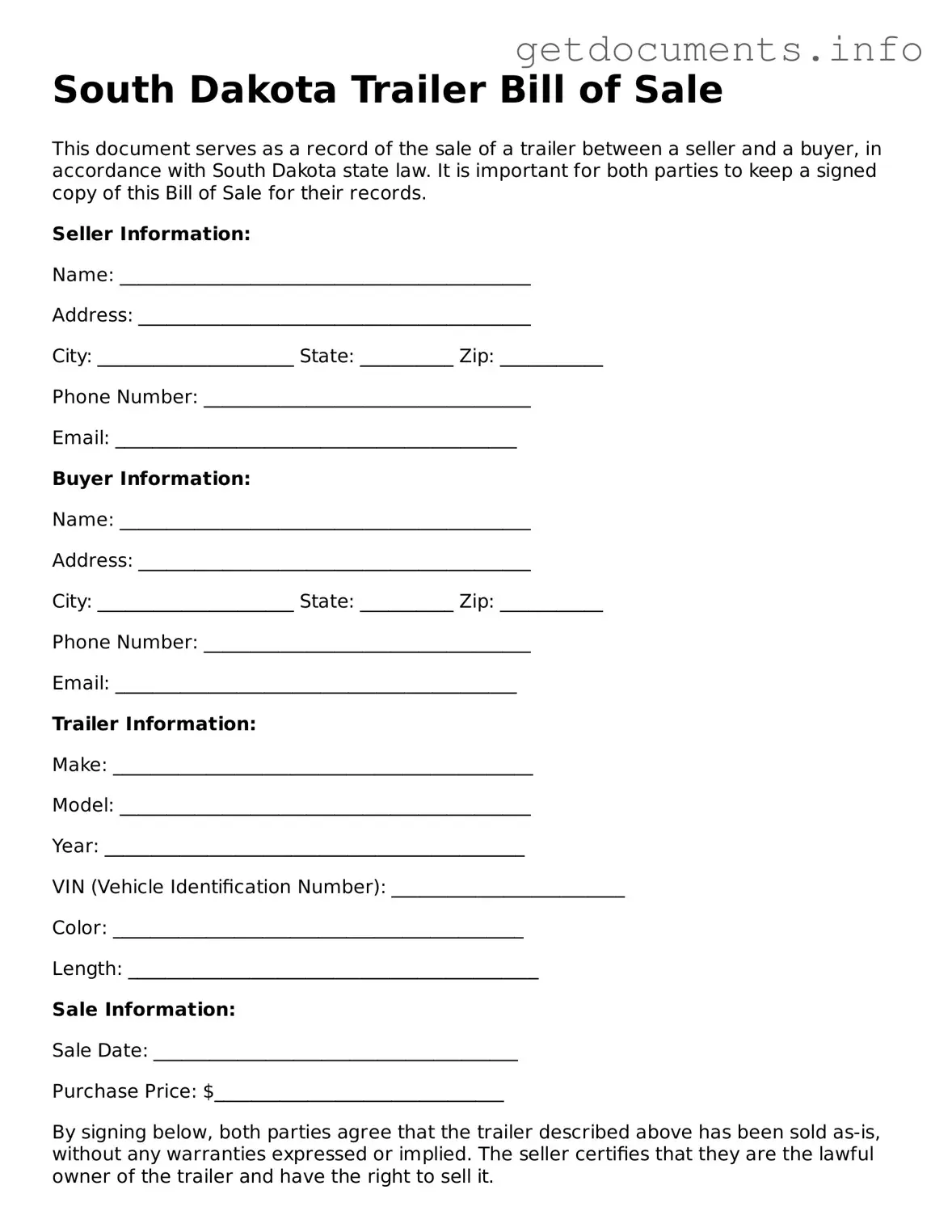 Free Trailer Bill of Sale Template for South Dakota