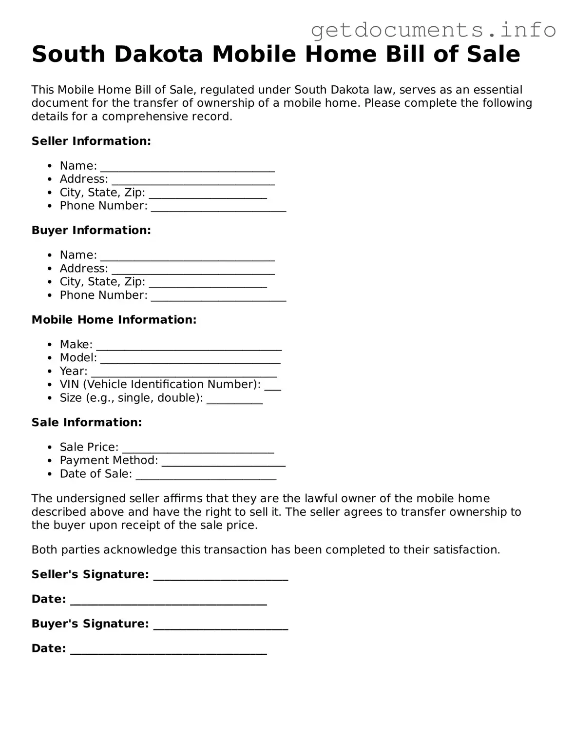 Free Mobile Home Bill of Sale Template for South Dakota
