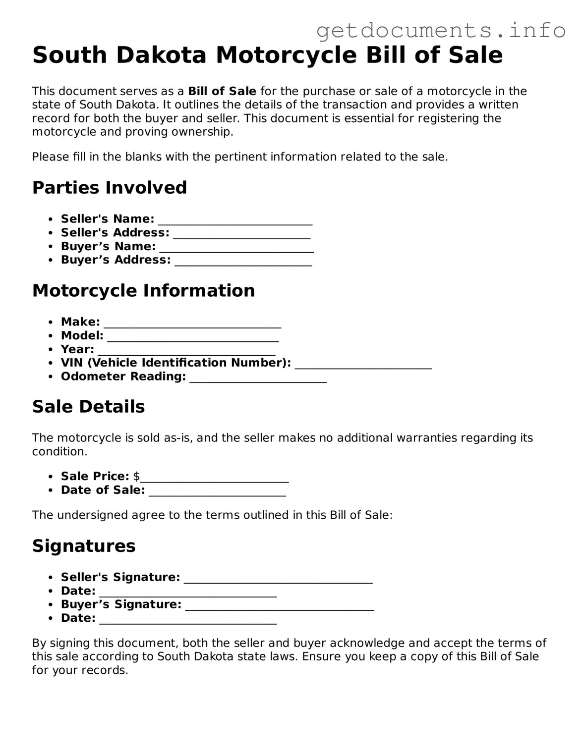 Free Motorcycle Bill of Sale Template for South Dakota