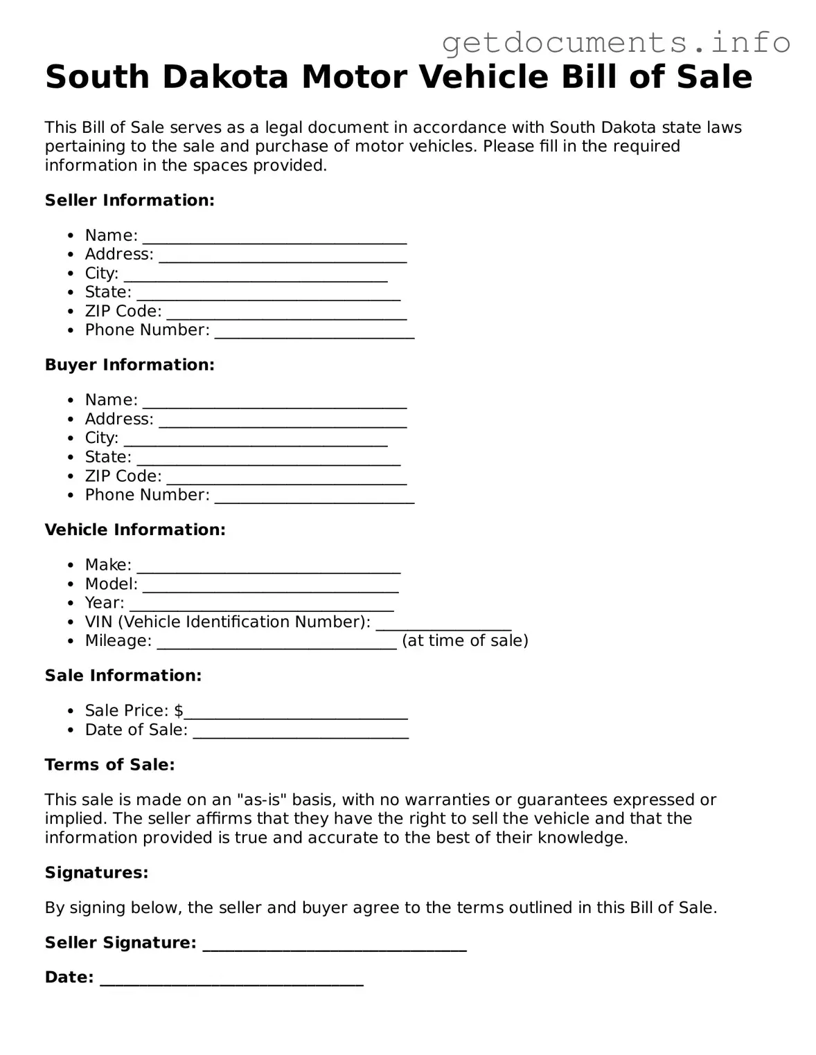 Free  Motor Vehicle Bill of Sale Template for South Dakota