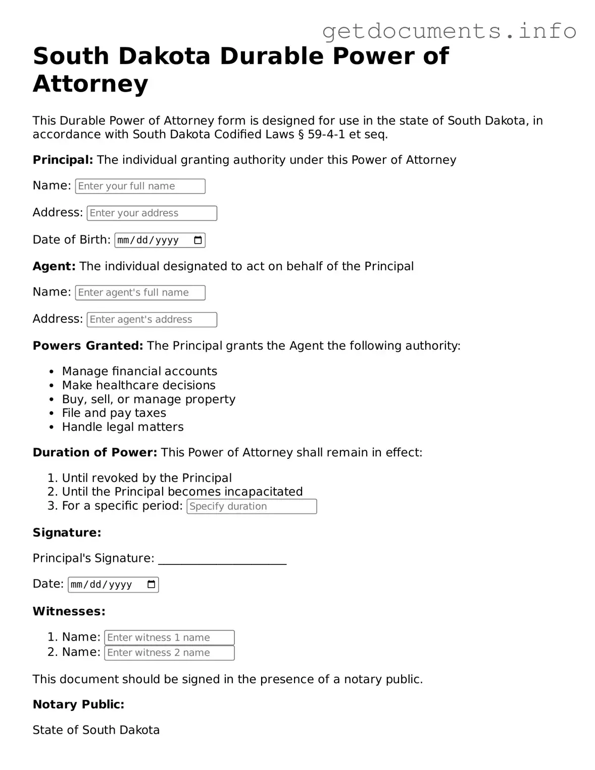 Free Durable Power of Attorney Template for South Dakota