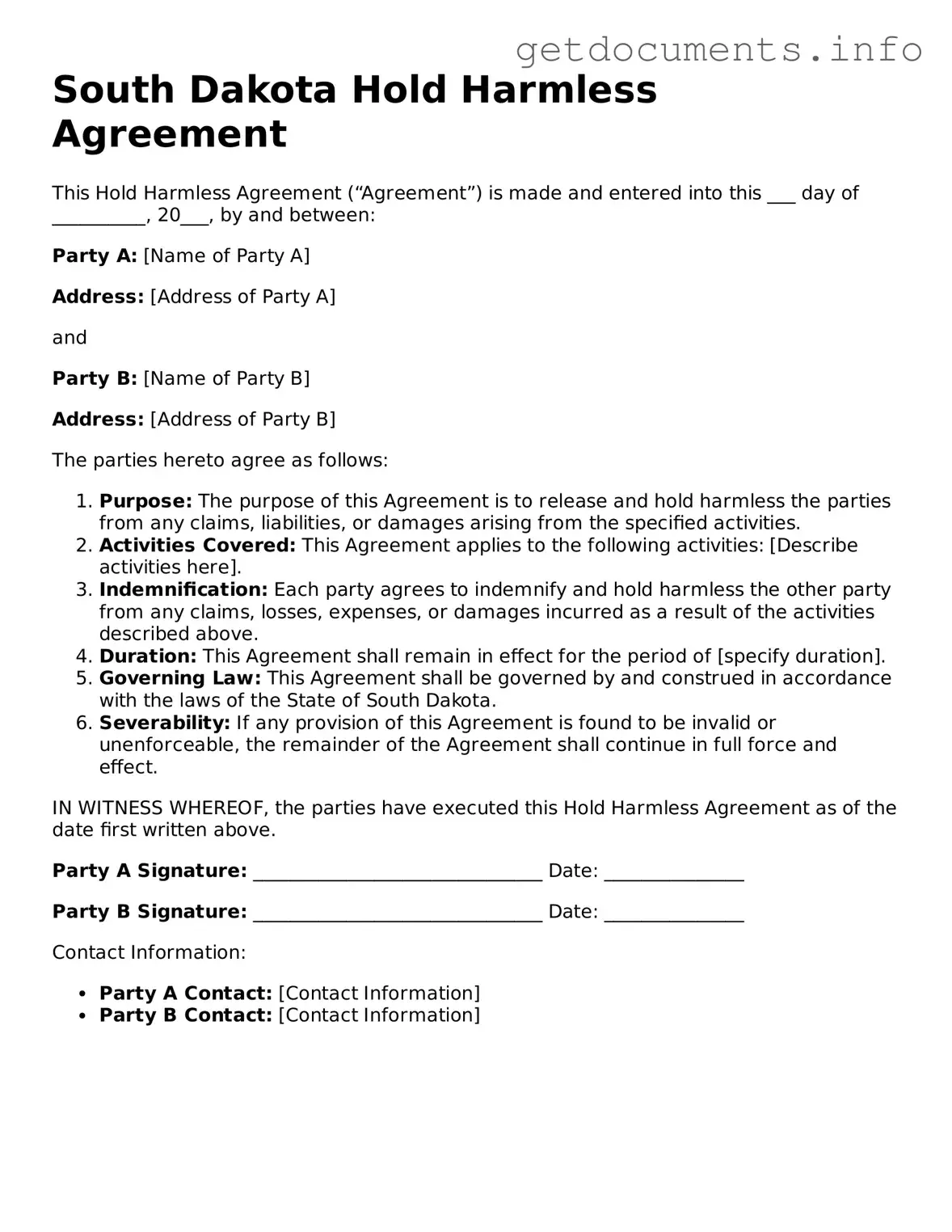 Free Hold Harmless Agreement Template for South Dakota