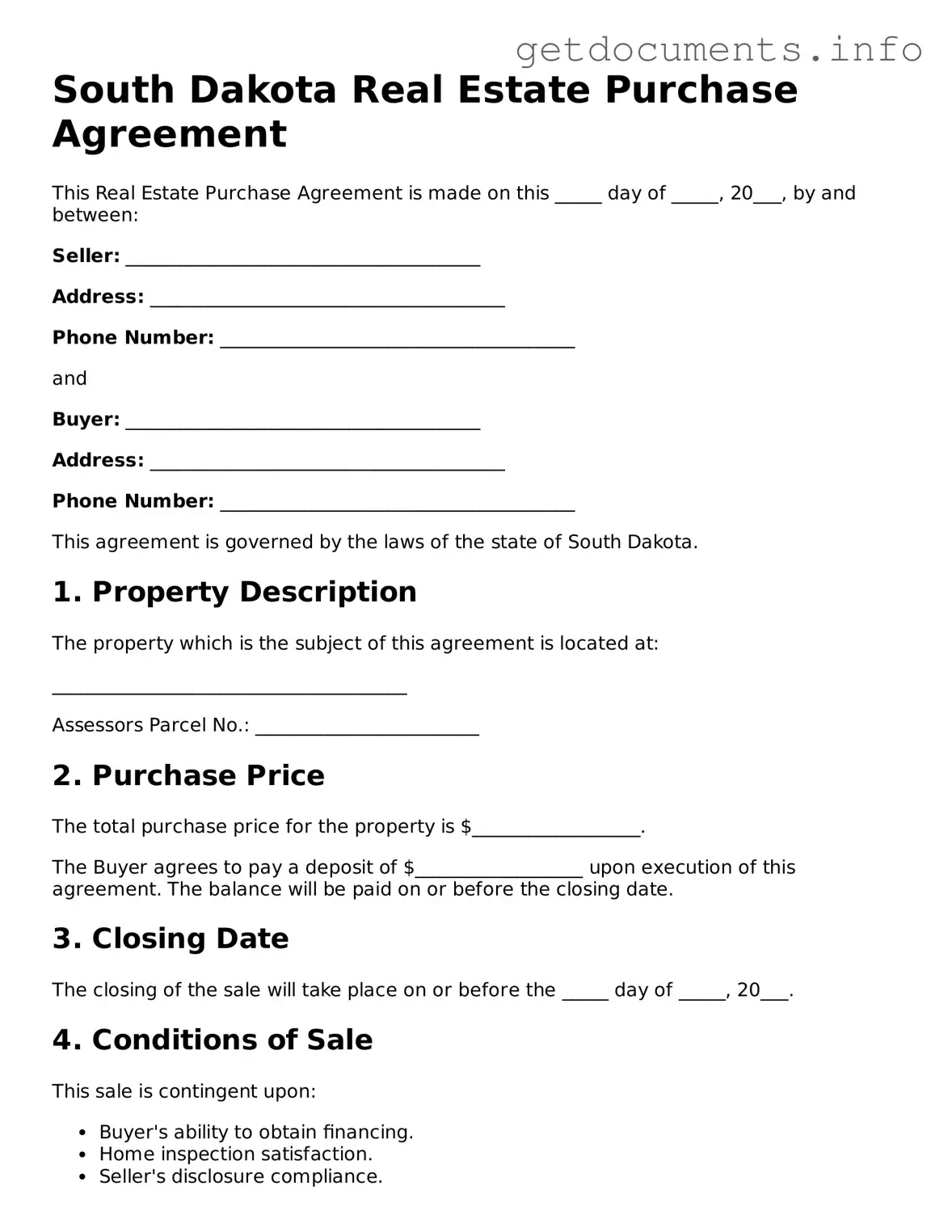 Free Real Estate Purchase Agreement Template for South Dakota