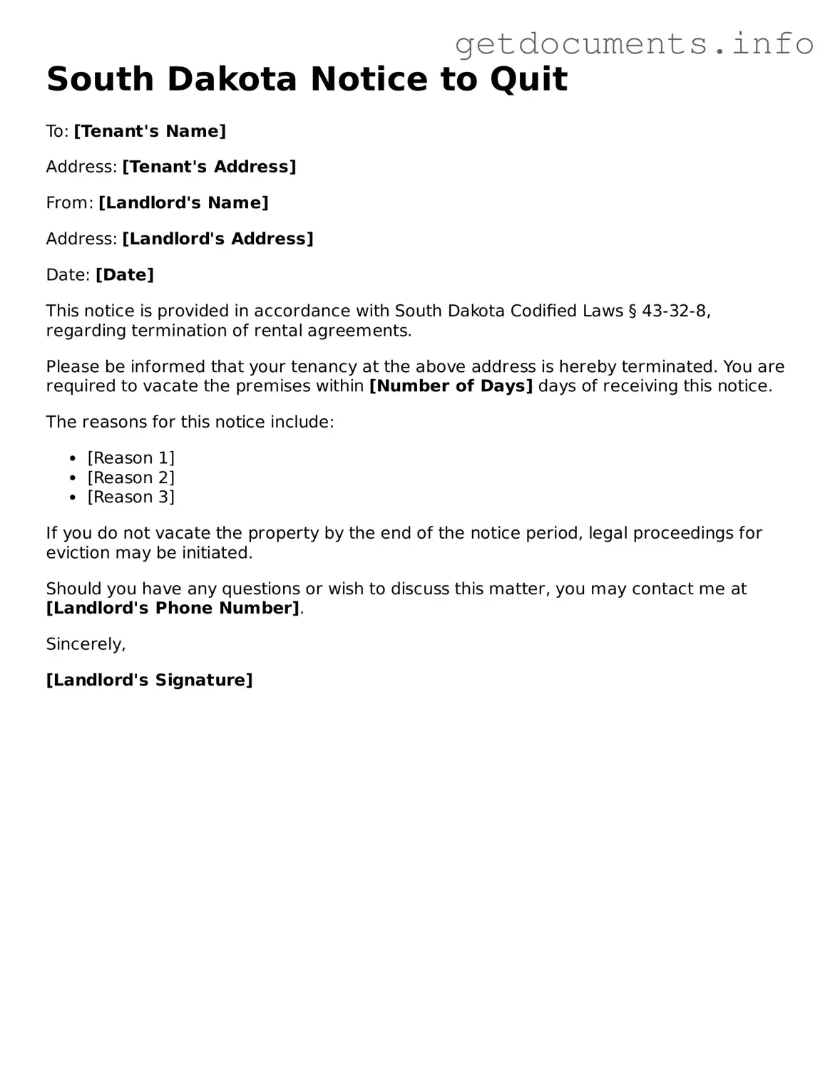 Free Notice to Quit Template for South Dakota