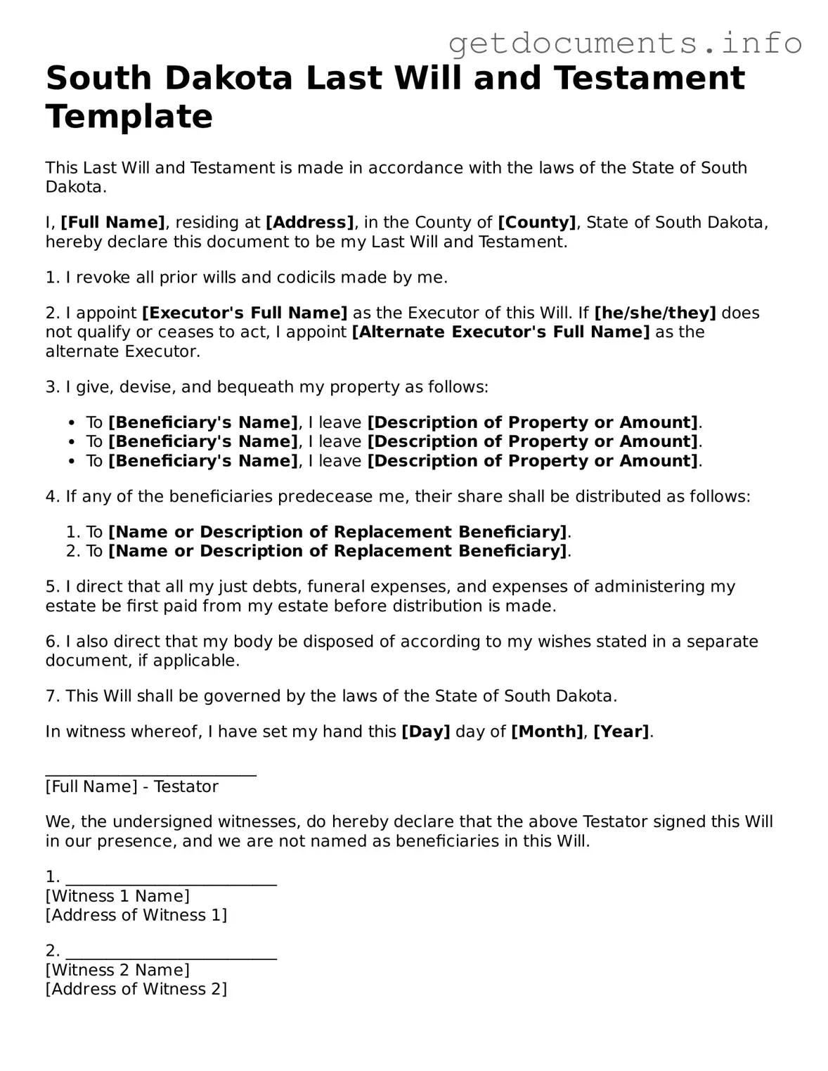 Free Last Will and Testament Template for South Dakota