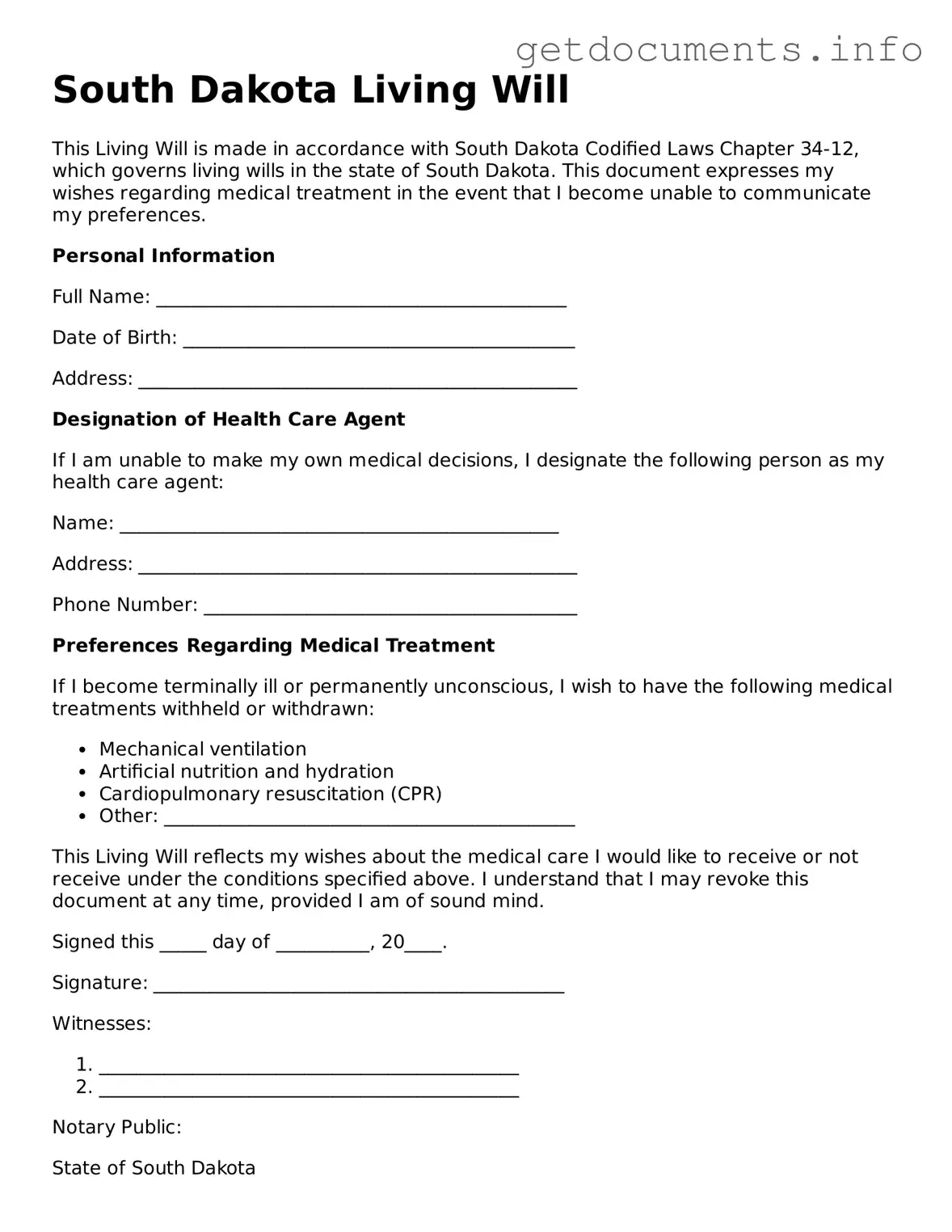 Free  Living Will Template for South Dakota