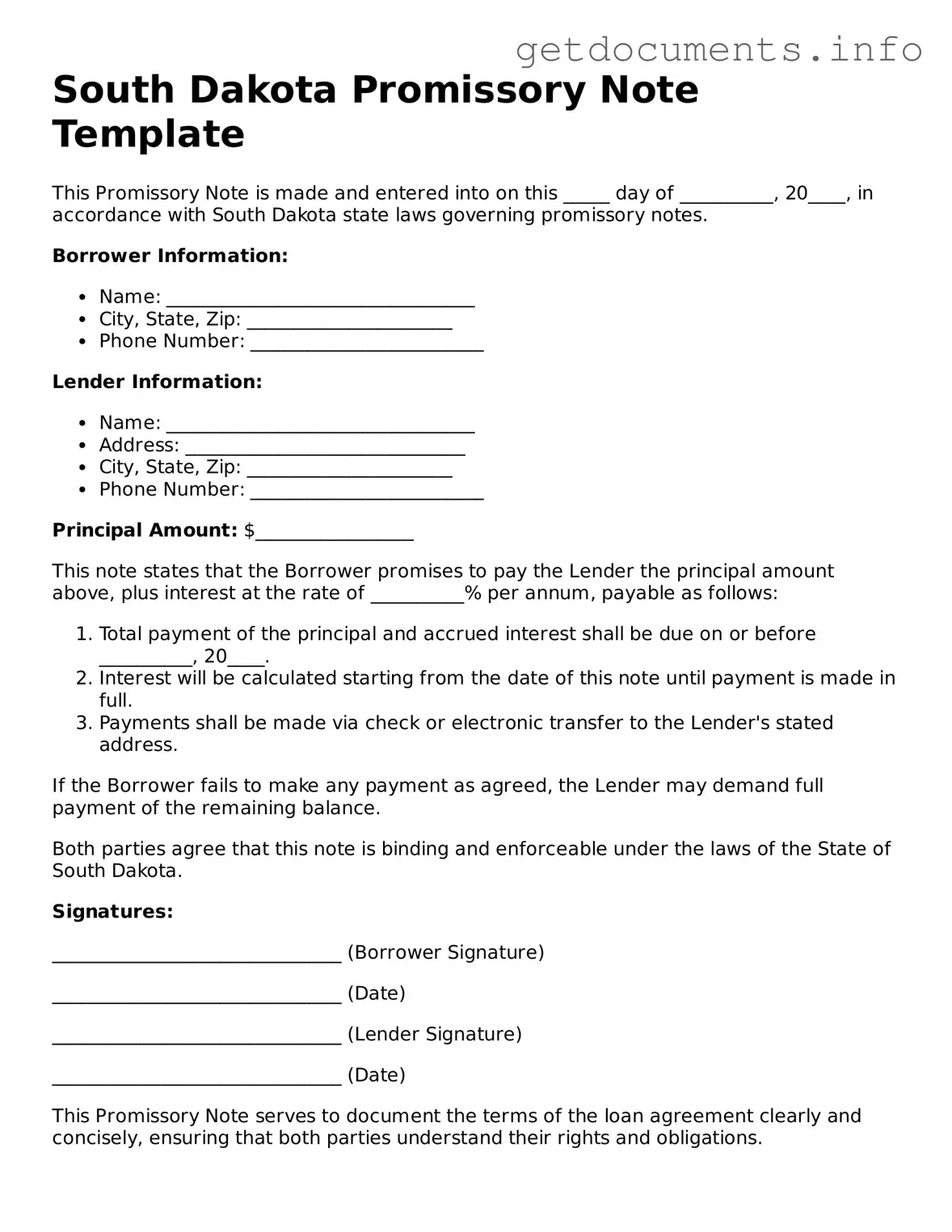 Free Promissory Note Template for South Dakota