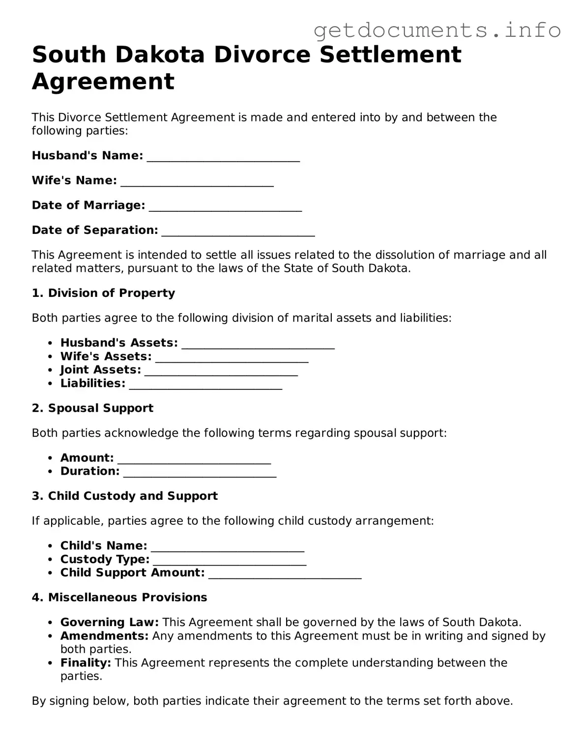Free Divorce Settlement Agreement Template for South Dakota